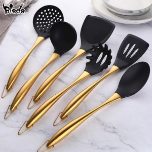 Gold Cooking Tool Set Silicone Head Kitchenware Stainless Steel Handle Soup Ladle Colander Set Turner Serving Spoon Kitchen Tool