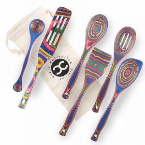 Rainbow 6-Pc Pakka Wood Kitchen Utensil Set Wooden Cooking Spoons Stirring Tools