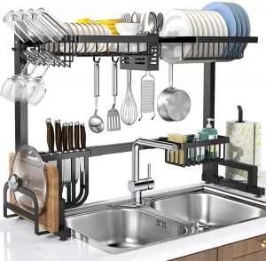 samarshop כלי בית ומטבח Dish Drying Rack Over Sink Adjustable (27-34in), 304 Food-Grade Stainless Steel 2-Tier Drainer Shelf with Utensil & Cutting Bo