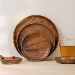 10.5-24 cm Acacia Wood Dinner Plates Unbreakable Round Wood Plates for Fruits Dishes Snacks Dessert Serving Tray Tableware