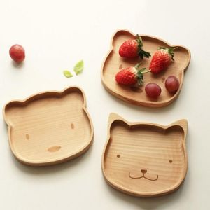Wood Plate Cute Cat Bear Solid Wood Fruit Dishes Saucer Tea Tray Dessert Dinner Plate Tableware Child Baby Serving Wood Plate