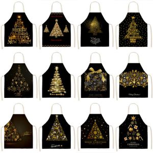 New Year 2022 55x68cm Cotton Linen Adult Bib Christmas Letter Print Women's Kitchen Apron Cafe Home Christmas Decorations