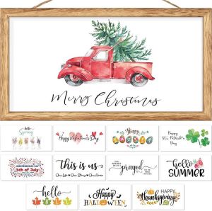 samarshop כלי בית ומטבח Farmhouse Christmas Decor For Home Wooden Hanging Sign With 12 Interchangeable Holiday Sayings Rustic Wall Decor Merry Christmas S