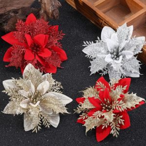 samarshop כלי בית ומטבח 5pcs Artificial Christmas Flowers Glitter Fake Flowers Merry Christmas Tree Decoration Home DIY Xmas Gifts Ornament Navidad 2021