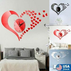 3D Modern DIY Large Mirror Wall Sticker Heart & Love Watch Home Decor Art Clock