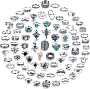 samarshop 82 Pcs Vintage Silver Knuckle Rings Set for Women, Bohemian Stackable Joint Finger Rings, Retro Stone Crystal Stacking Midi Rings 