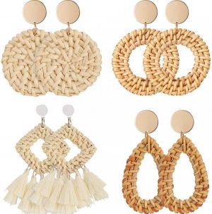 samarshop 4 Pairs Rattan Earrings Lightweight Geometric Statement Tassel Woven Bohemian Earrings Handmade Straw Wicker Braid Hoop Drop Dangl