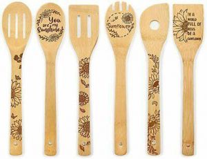 samarshop כפיות - معالق  6PCS Engraved Wooden Sunflower Spoon Kitchen Utensil Decor Set