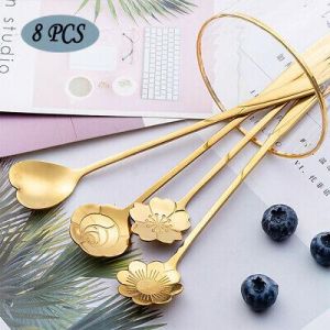 samarshop כפיות - معالق  8PCS Dessert Spoon Flower Shape Slim Tea Stirring Spoons Golden Stainless Steel