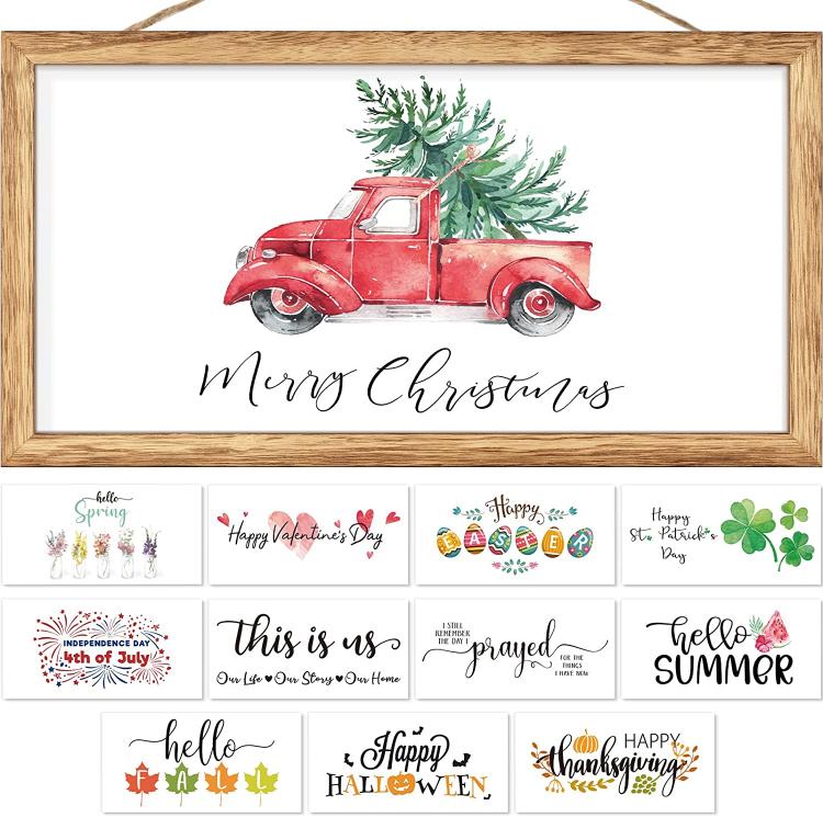samarshop כלי בית ומטבח Farmhouse Christmas Decor For Home Wooden Hanging Sign With 12 Interchangeable Holiday Sayings Rustic Wall Decor Merry Christmas S